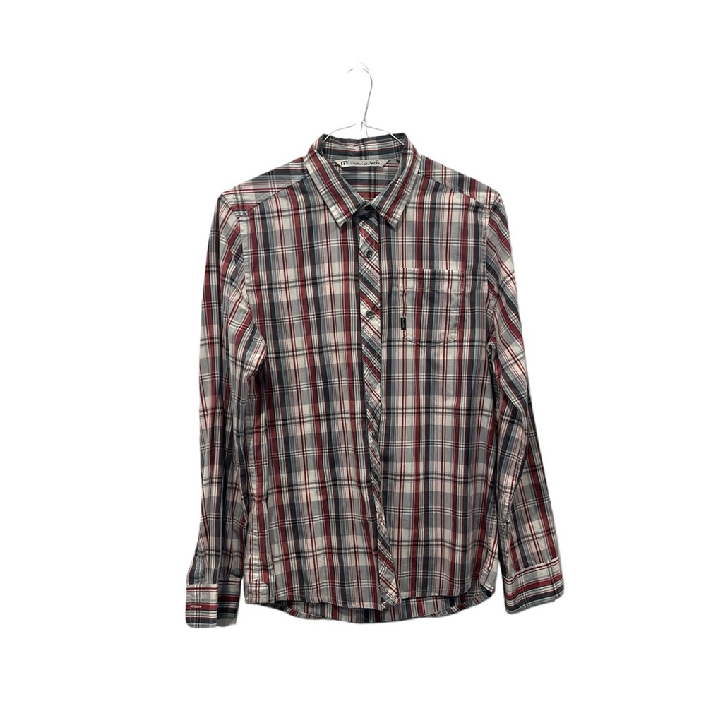 Travis Mathew Men's Medium Cotton Polyester Grey Red Plaid Long Sleeve Shirt EUC